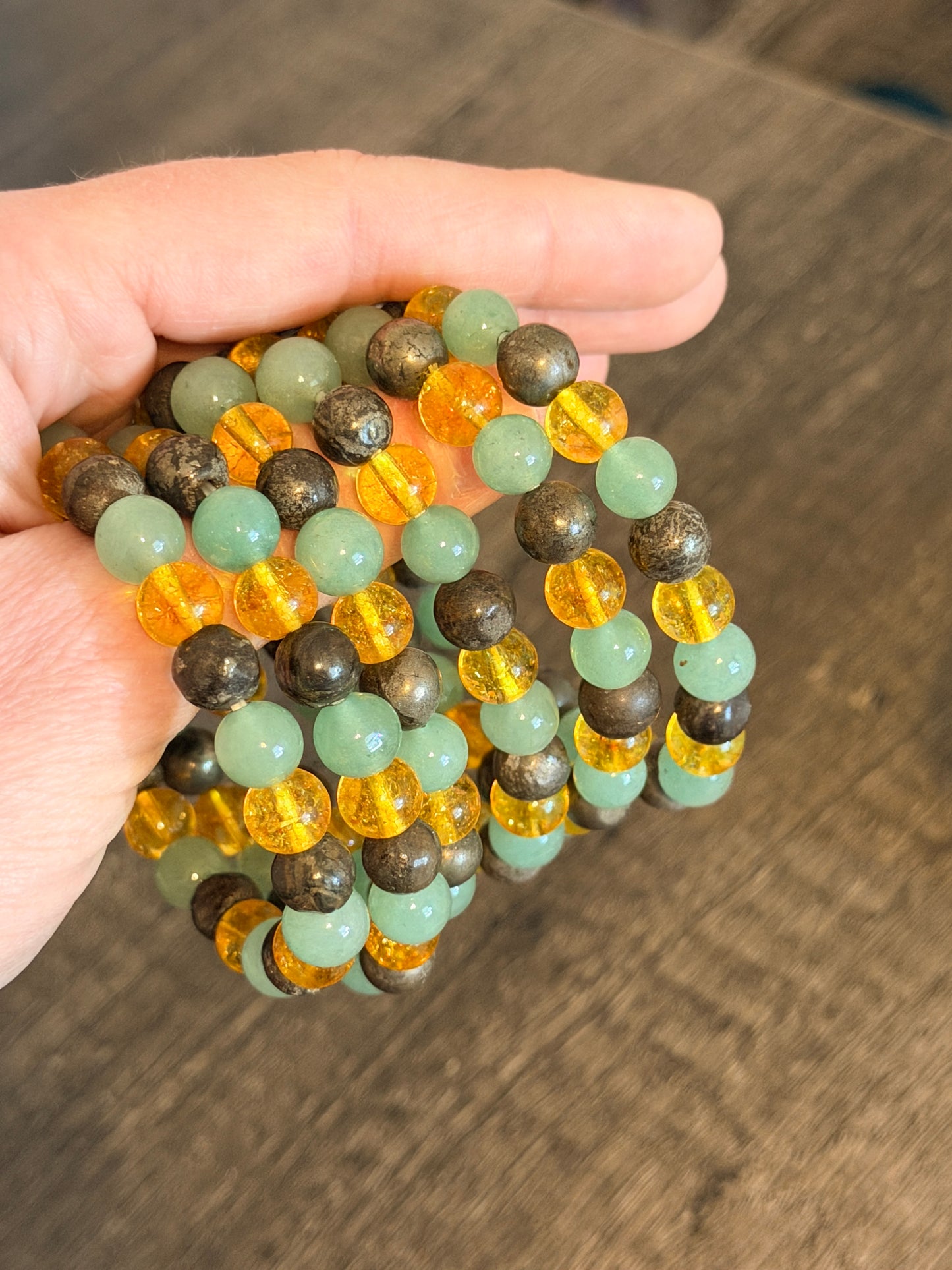 Citrine, Green Aventurine and Pyrite 8mm Beaded Bracelet