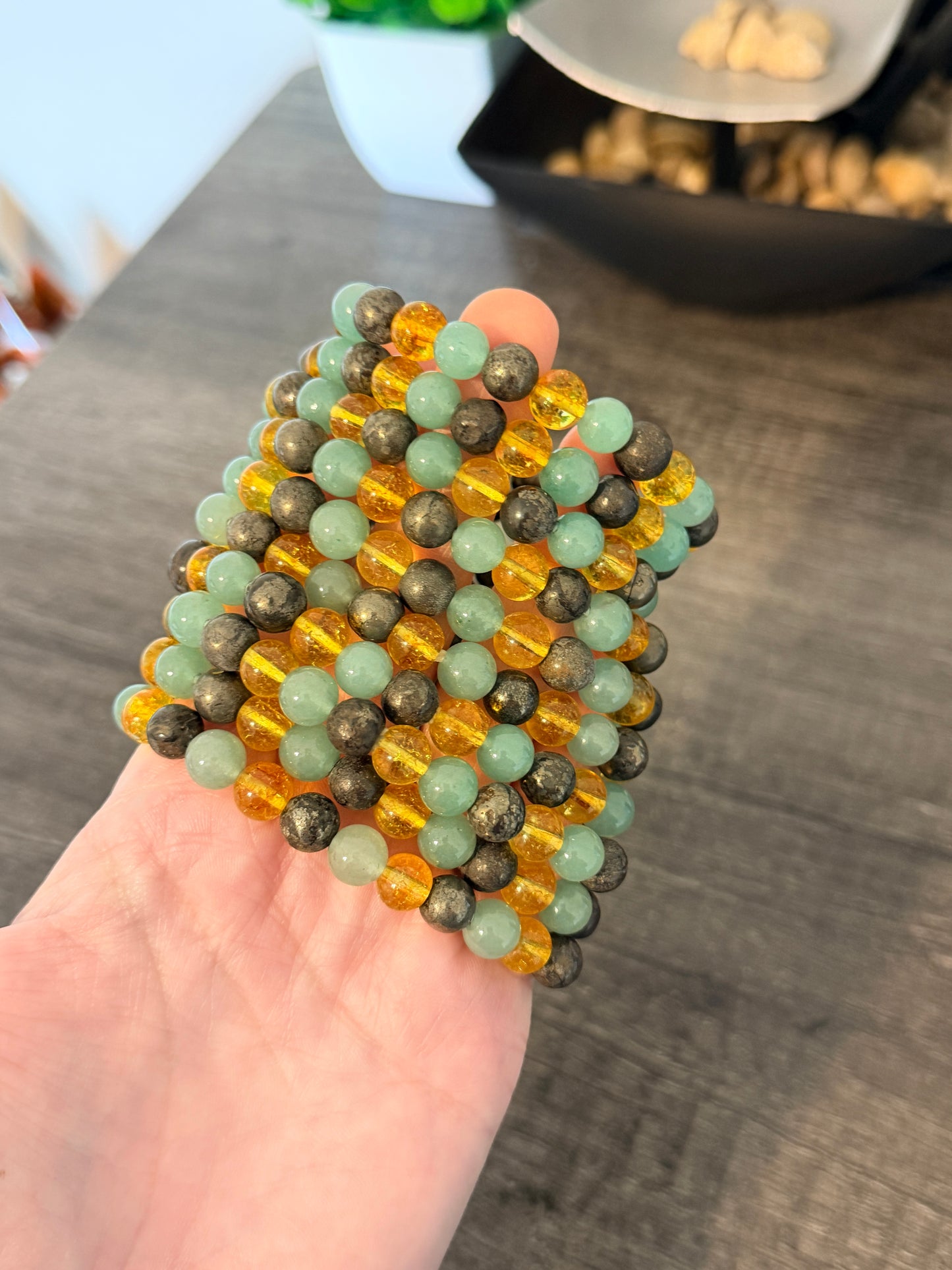 Citrine, Green Aventurine and Pyrite 8mm Beaded Bracelet