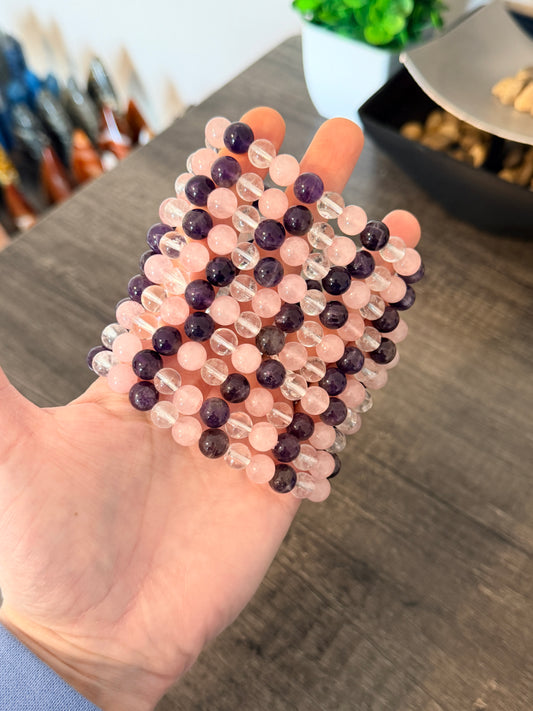 Amethyst, Clear Quartz and Rose Quartz 8mm Beaded Bracelet