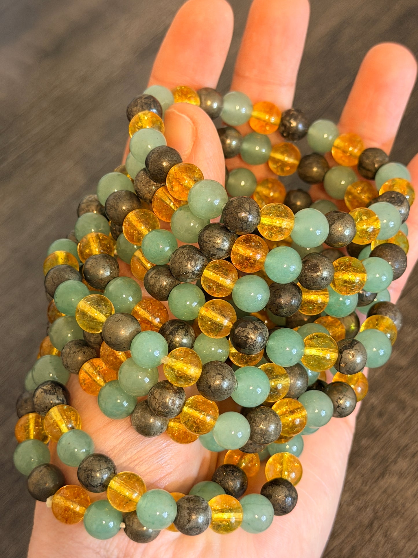 Citrine, Green Aventurine and Pyrite 8mm Beaded Bracelet