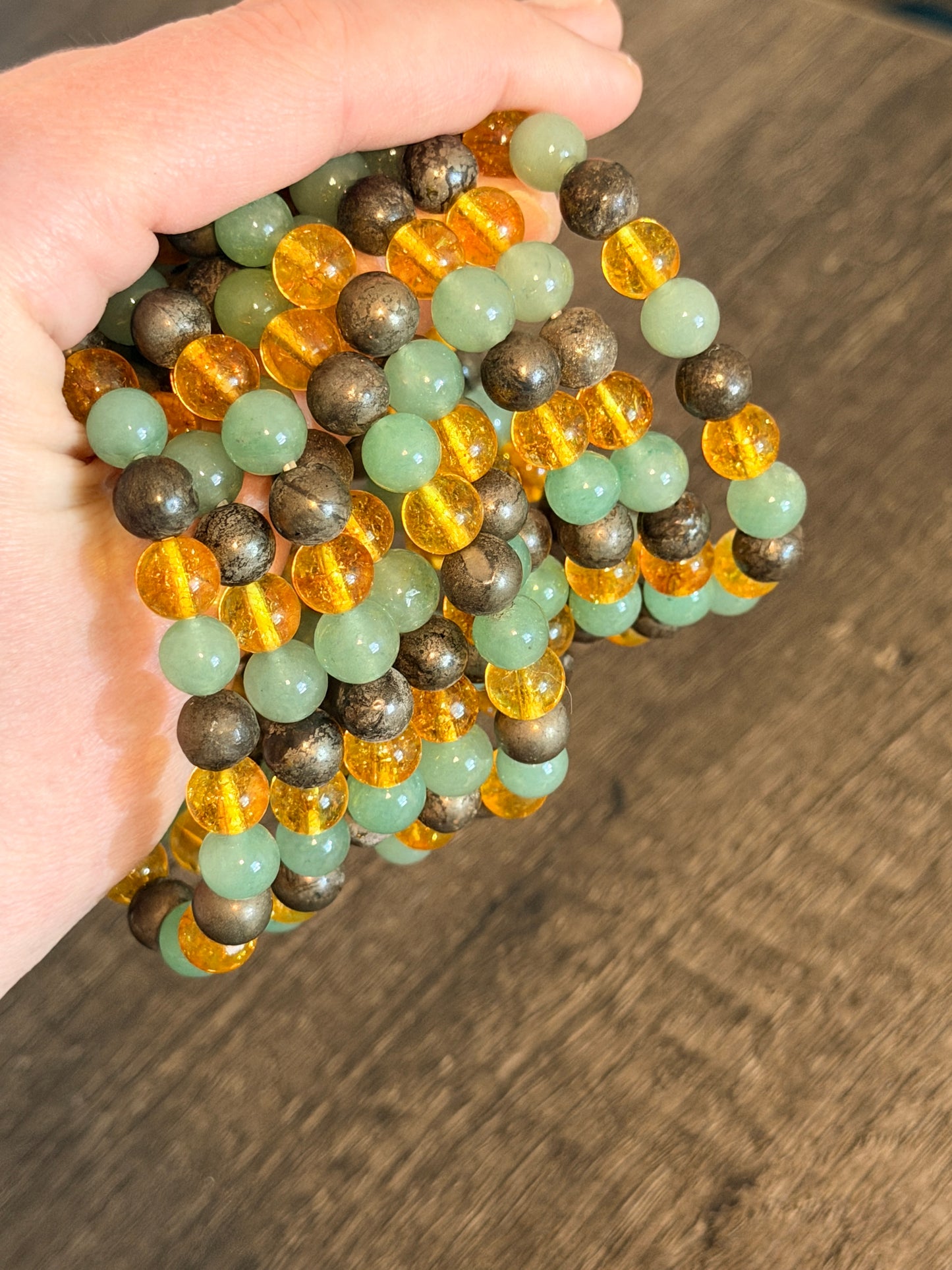 Citrine, Green Aventurine and Pyrite 8mm Beaded Bracelet