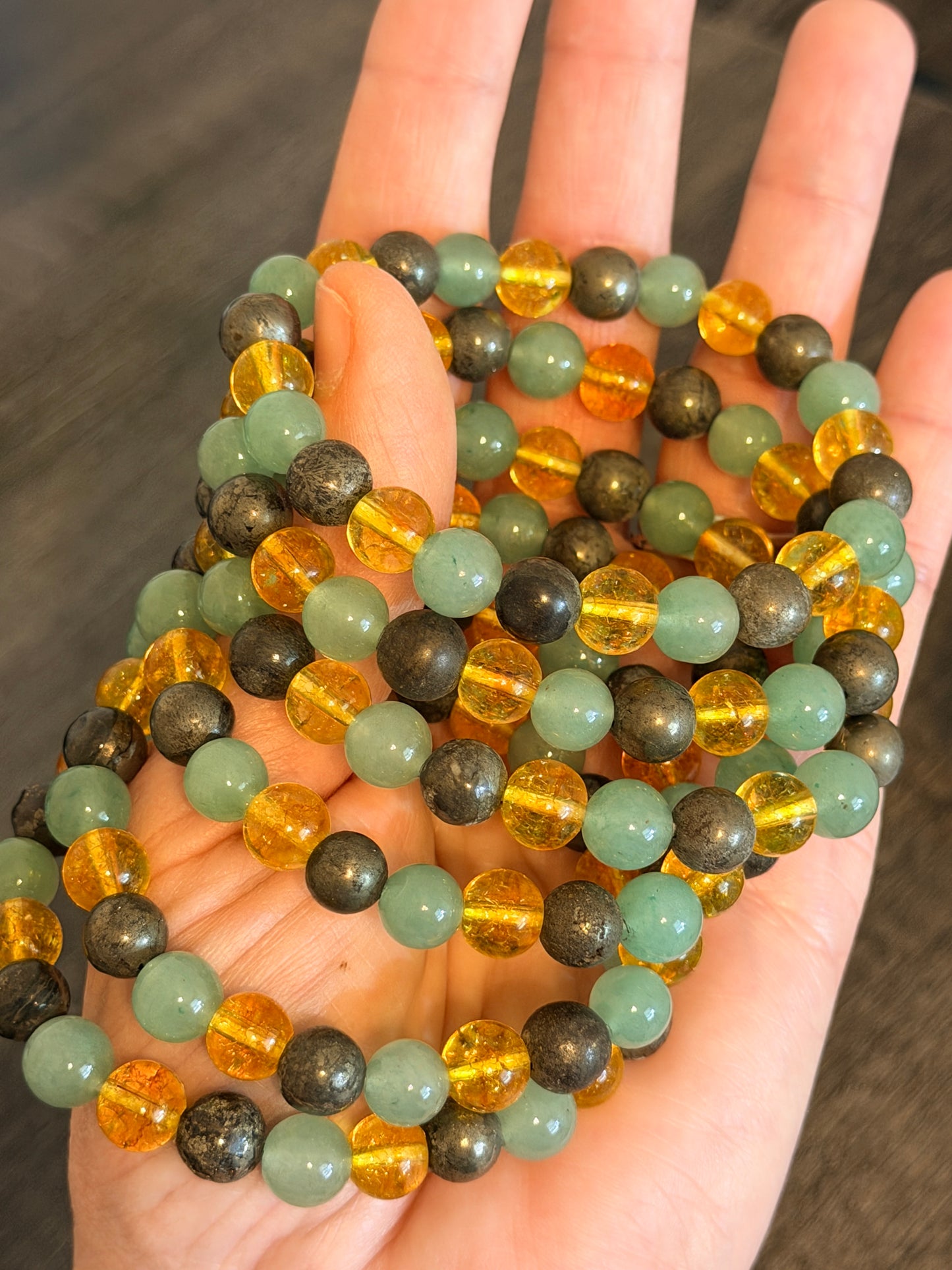 Citrine, Green Aventurine and Pyrite 8mm Beaded Bracelet