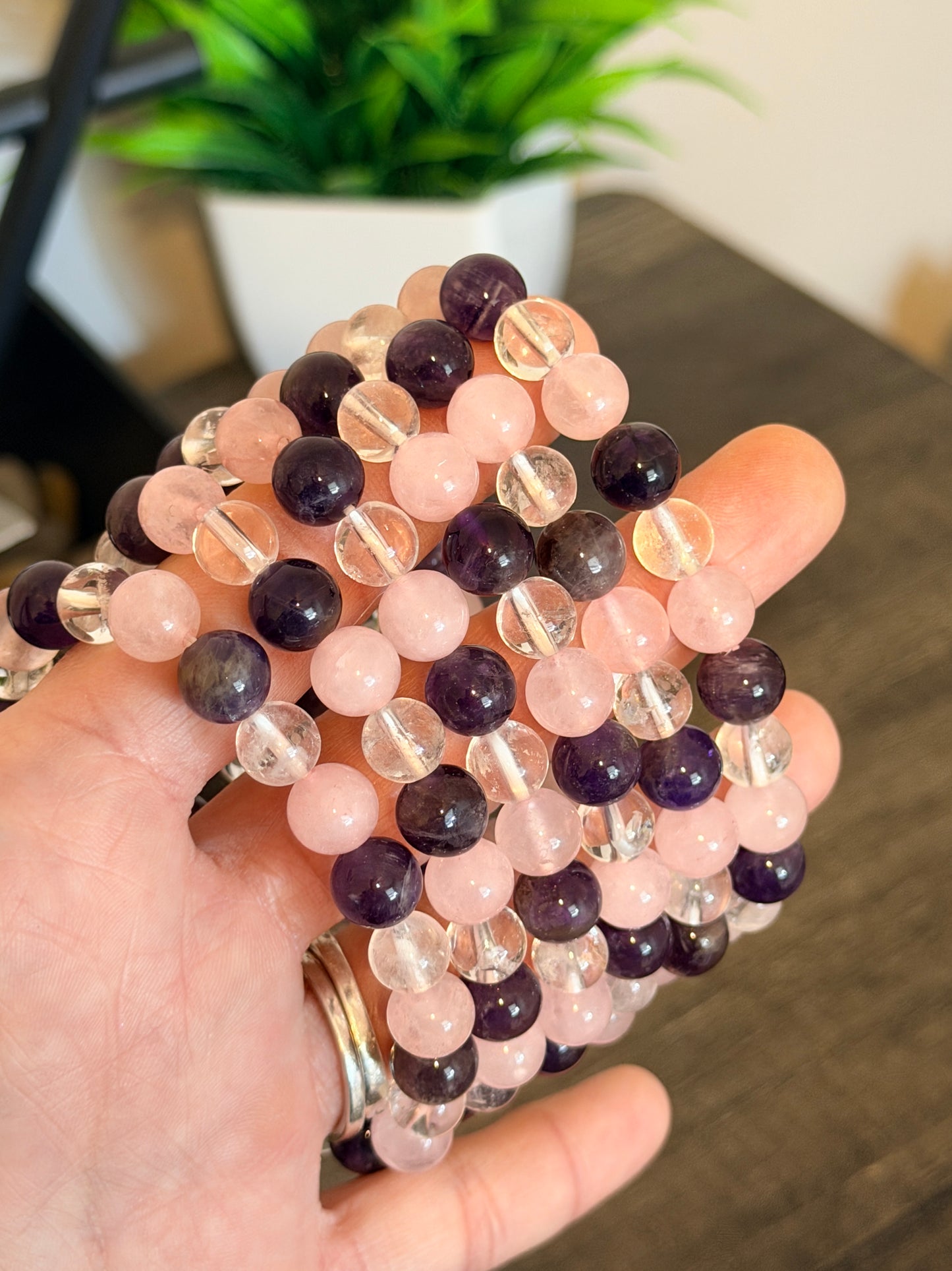 Amethyst, Clear Quartz and Rose Quartz 8mm Beaded Bracelet