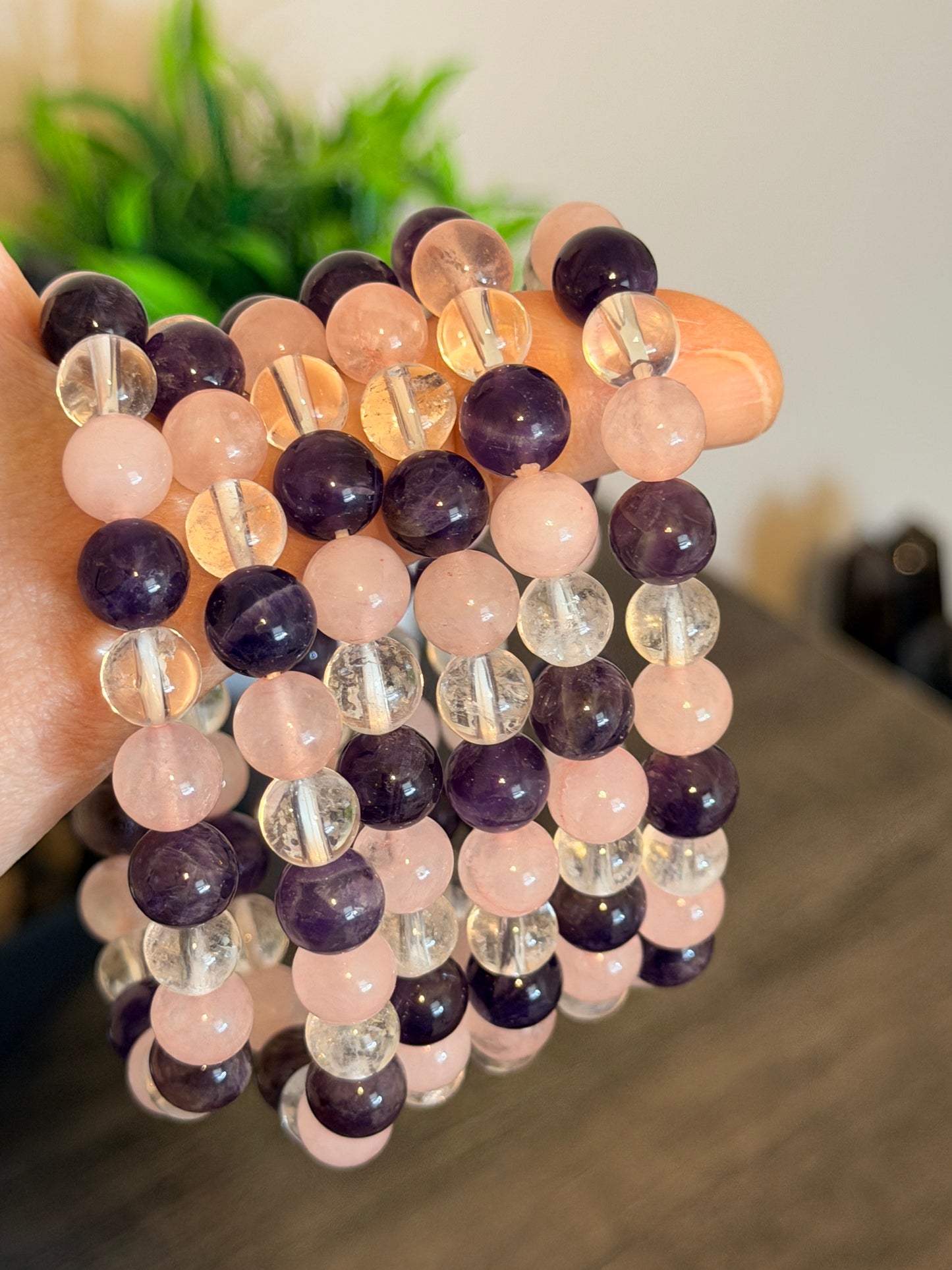Amethyst, Clear Quartz and Rose Quartz 8mm Beaded Bracelet