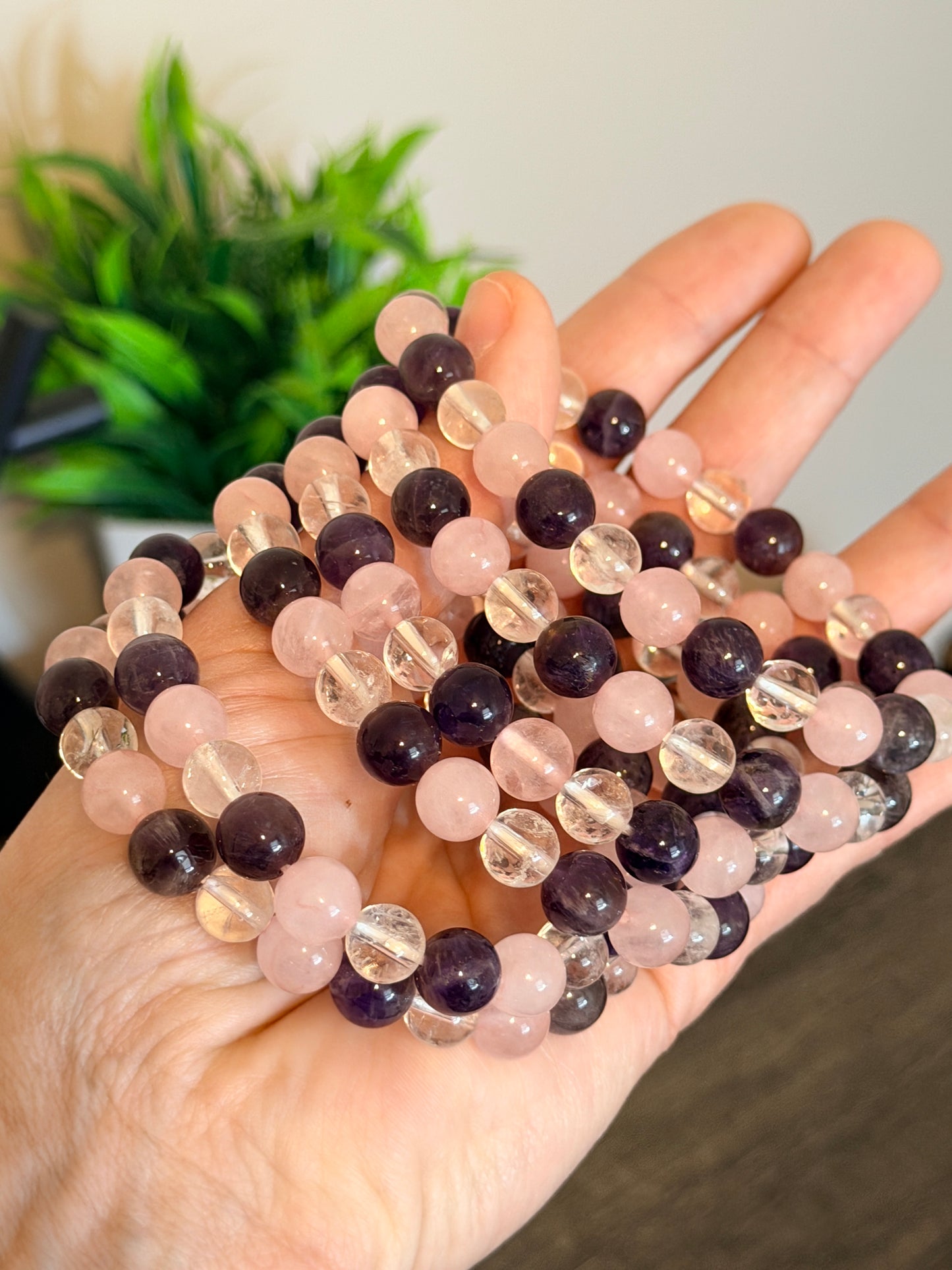 Amethyst, Clear Quartz and Rose Quartz 8mm Beaded Bracelet